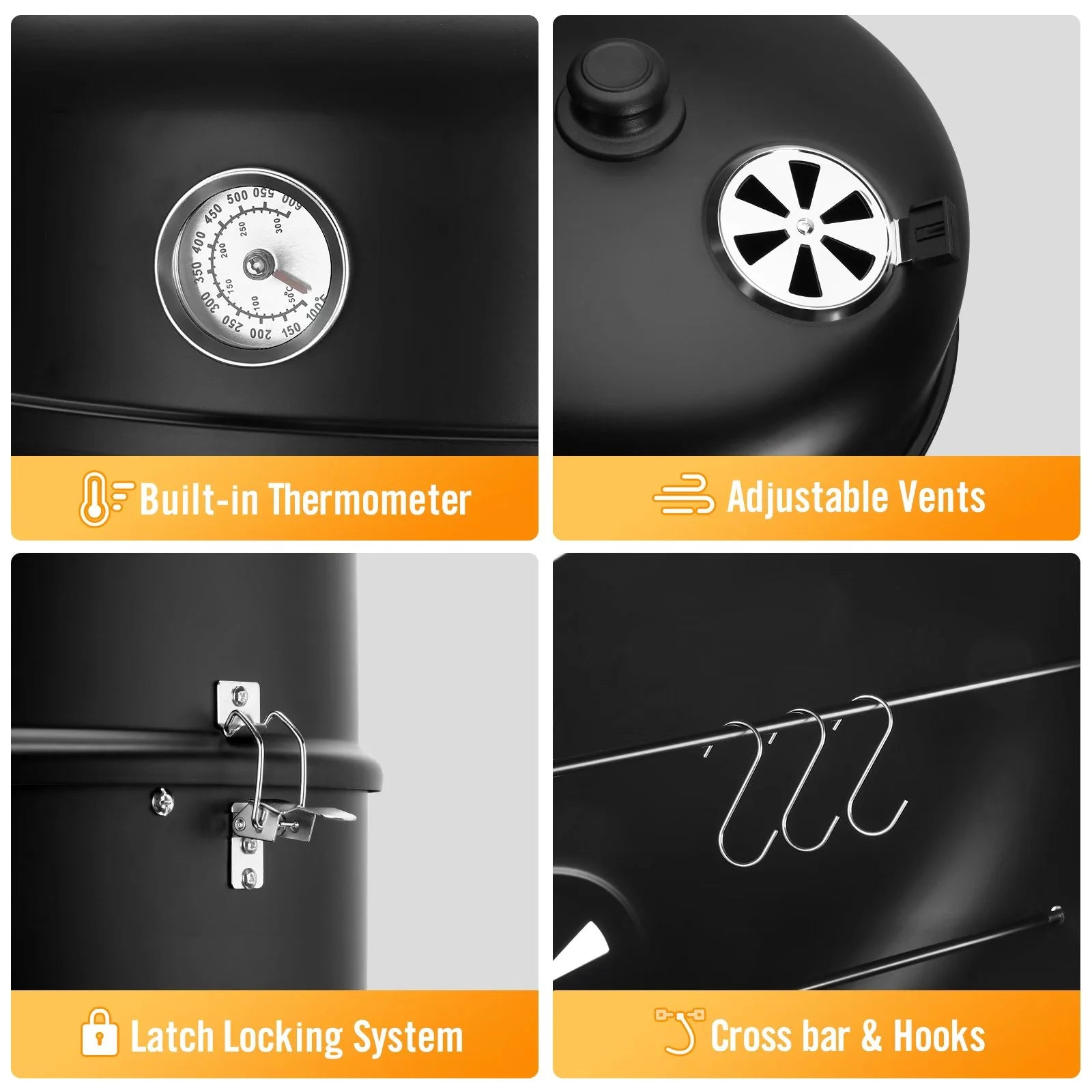 laraVist 16 Inch 4-in-1 Vertical Charcoal Grill & Smoker with Thermometer, Detachable Design