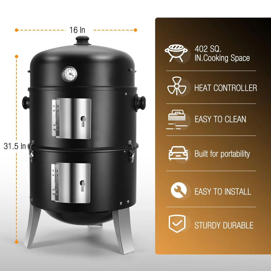 laraVist 16 Inch 4-in-1 Vertical Charcoal Grill & Smoker with Thermometer, Detachable Design