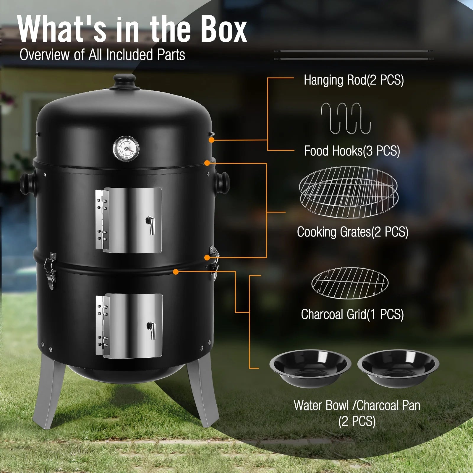 laraVist 16 Inch 4-in-1 Vertical Charcoal Grill & Smoker with Thermometer, Detachable Design