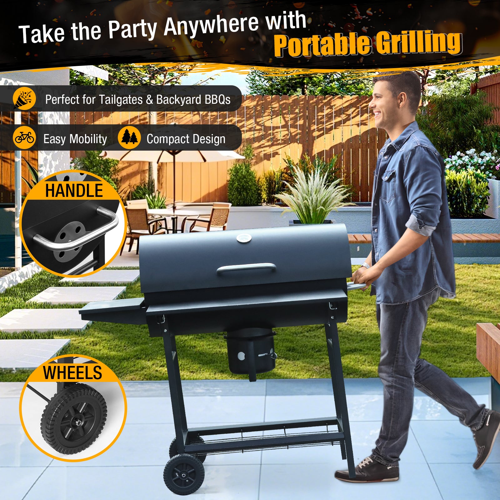 laraVist Portable Charcoal Grill, 589.32 SQ IN Cooking Area with Foldable Side Tables & Removable Ash Pan