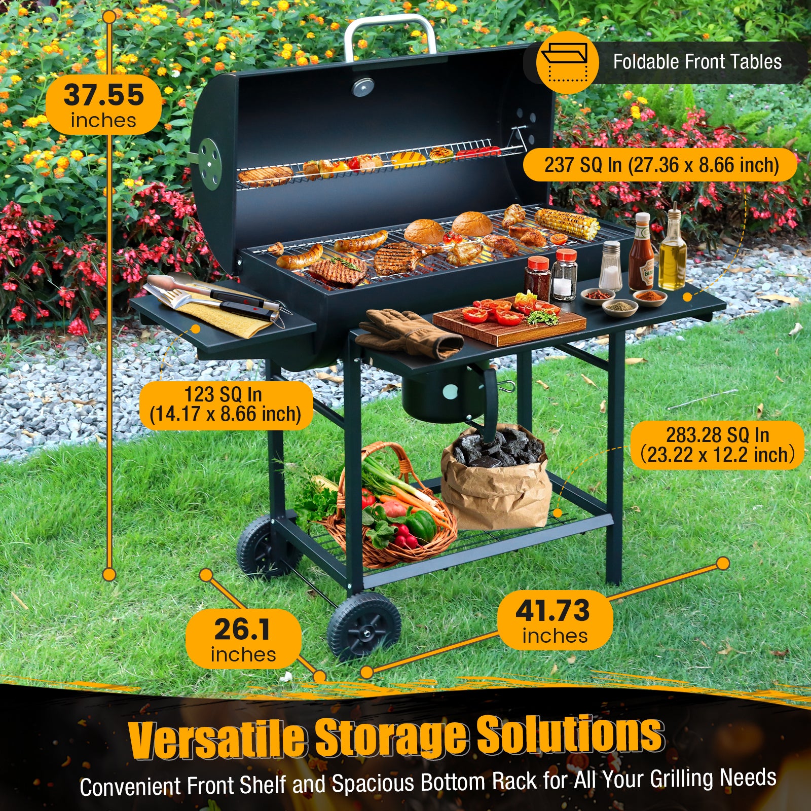 laraVist Portable Charcoal Grill, 589.32 SQ IN Cooking Area with Foldable Side Tables & Removable Ash Pan