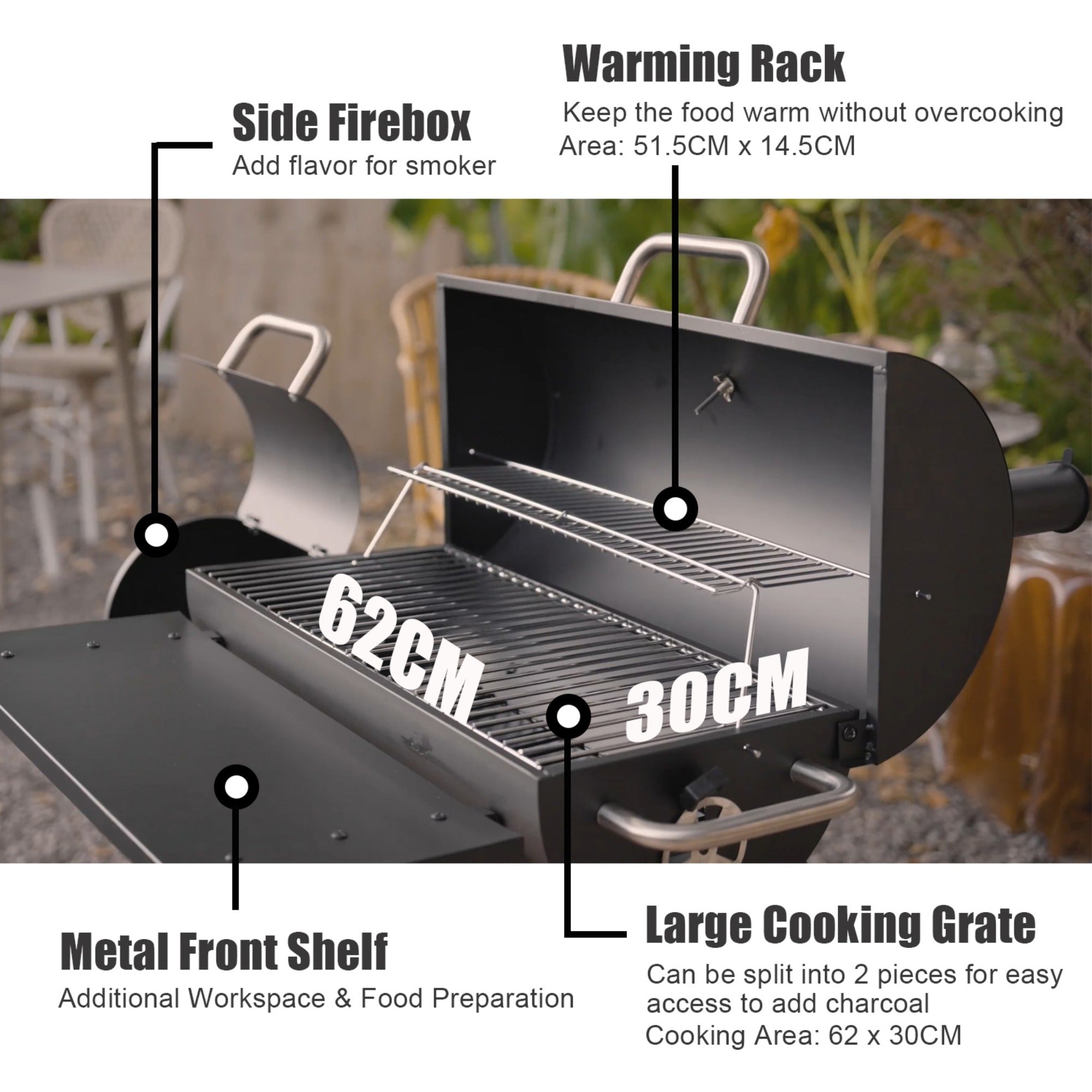 laraVist Charcoal Offset Smoker Grill, Dual-Zone BBQ with Thermometer & Wheels, Family-Size 512 sq.in