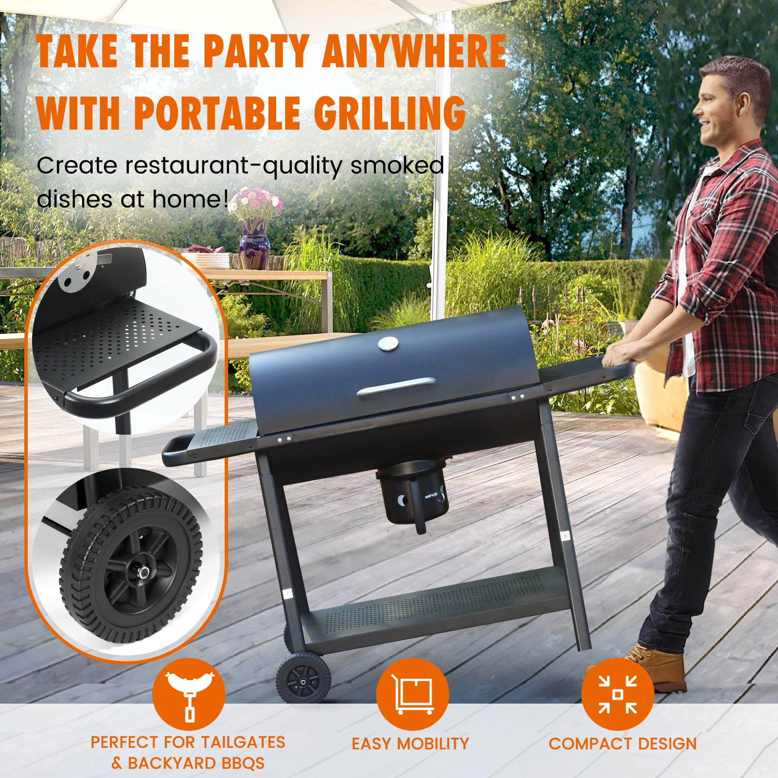 laraVist Barrel Charcoal Grill with 608.4 SQ In Cooking Area, Adjustable Airflow & Portable Wheels
