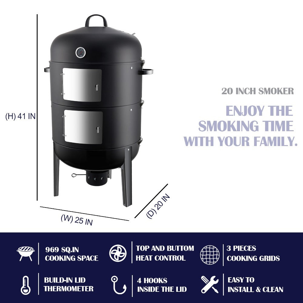 laraVist 20 Inch Charcoal Vertical Smoker Grill with Adjustable Vents